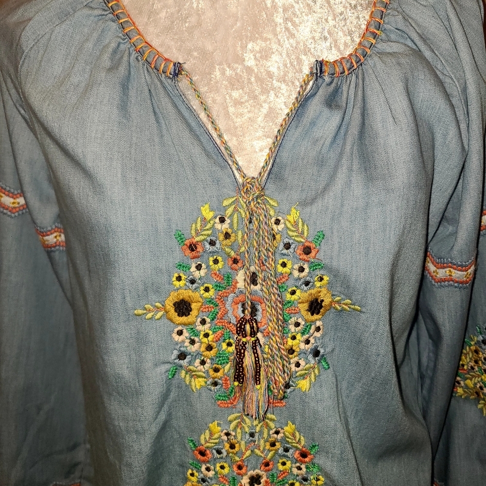 Tolani Denim Embellished Tunic with V-Neckline - Picture 2 of 9